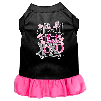 All about the XOXO Screen Print Dog Dress Black with Bright Pink Lg