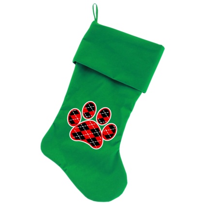Argyle Paw Red Screen Print 18 inch Velvet Christmas Stocking Green