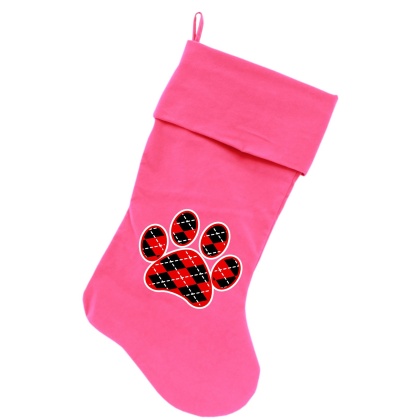 Argyle Paw Red Screen Print 18 inch Velvet Christmas Stocking Pink