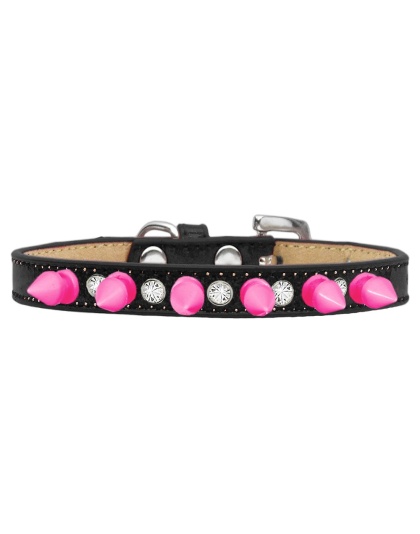 Crystal and Bright Pink Spikes Dog Collar Black Ice Cream Size 10