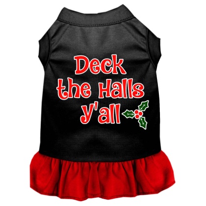 Deck the Halls Y'all Screen Print Dog Dress Black with Red Lg