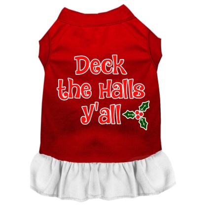 Deck the Halls Y'all Screen Print Dog Dress Red with White Lg