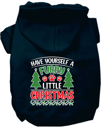 Furry Little Christmas Screen Print Dog Hoodie Navy Blue Size XS