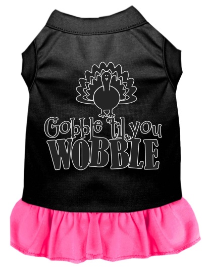 Gobble til You Wobble Screen Print Dog Dress Black with Bright Pink Lg