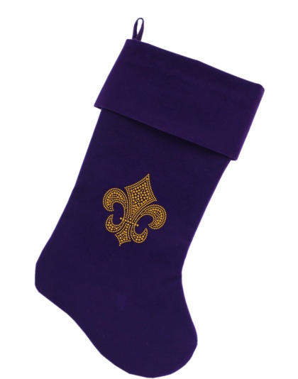 Gold Fleur De Lis Rhinestone 18 inch Velvet Christmas Stocking Purple