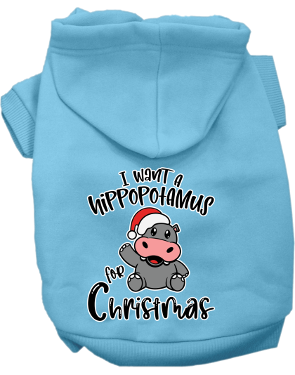 Hippo for Christmas Screen Print Dog Hoodie Baby Blue Size XS