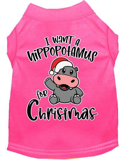 Hippo for Christmas Screen Print Dog Shirt Bright Pink Size XS