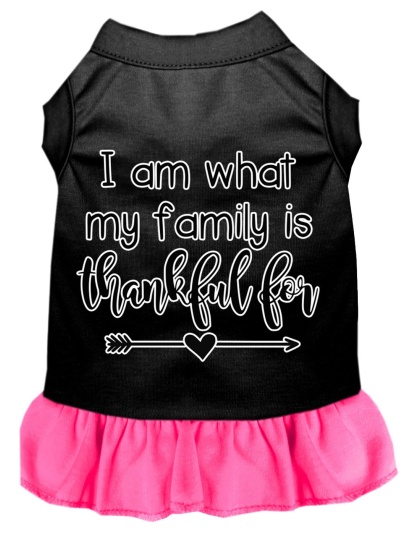 I Am What My Family is Thankful For Screen Print Dog Dress Black with Bright Pink Lg