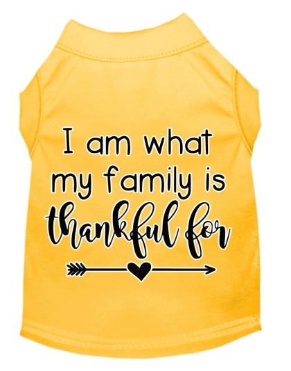 I Am What My Family is Thankful For Screen Print Dog Shirt Yellow Lg