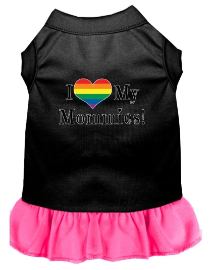 I Heart my Mommies Screen Print Dog Dress Black with Bright Pink Lg