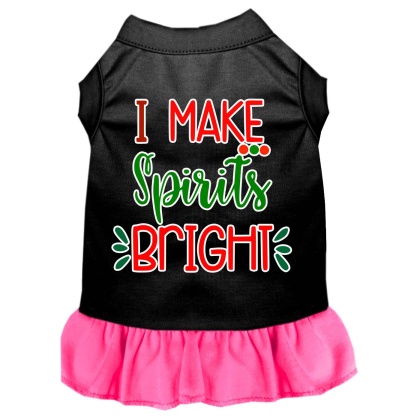 I Make Spirits Bright Screen Print Dog Dress Black with Bright Pink Lg