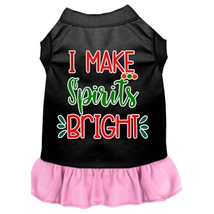I Make Spirits Bright Screen Print Dog Dress Black with Light Pink Lg