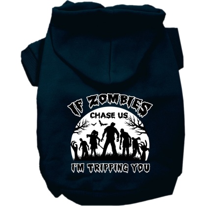 If Zombies Chase Us Screen Print Dog Hoodie Navy Blue Size XS