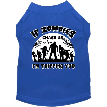 If Zombies Chase Us Screen Print Dog Shirt Blue Size XS