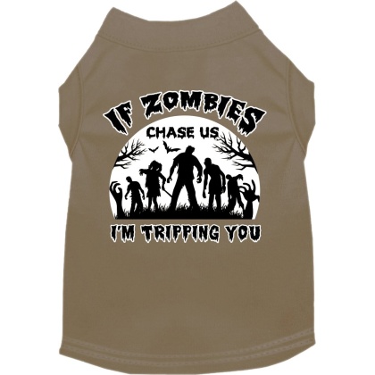 If Zombies Chase Us Screen Print Dog Shirt Tan Size XS