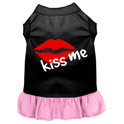 Kiss Me Screen Print Dog Dress Black with Light Pink Lg