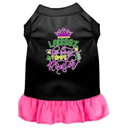 Laissez Les Bons Temps Rouler Screen Print Mardi Gras Dog Dress Black with Bright Pink Lg