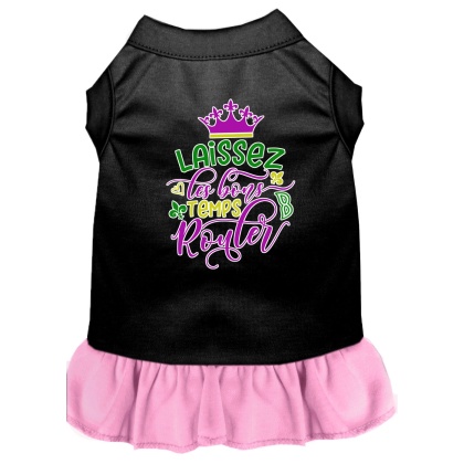 Laissez Les Bons Temps Rouler Screen Print Mardi Gras Dog Dress Black with Light Pink Lg