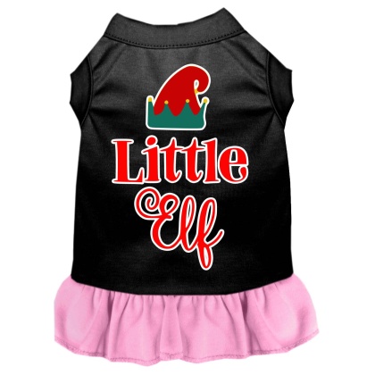 Little Elf Screen Print Dog Dress Black with Light Pink Lg