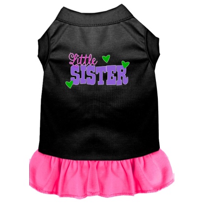 Little Sister Screen Print Dog Dress Black with Bright Pink Lg