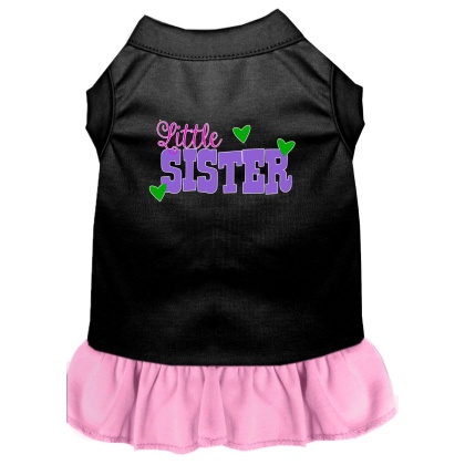 Little Sister Screen Print Dog Dress Black with Light Pink Lg