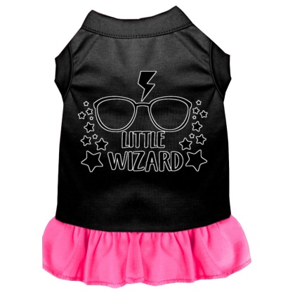 Little Wizard Screen Print Dog Dress Black with Bright Pink Lg