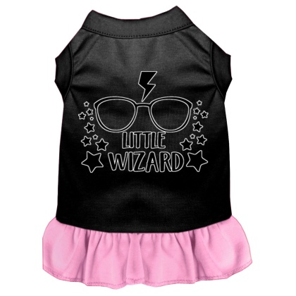 Little Wizard Screen Print Dog Dress Black with Light Pink Lg