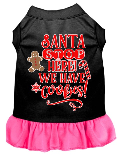 Santa, We Have Cookies Screen Print Dog Dress Black with Bright Pink Lg