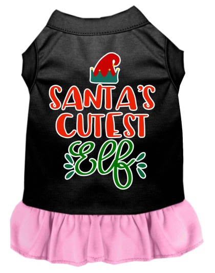 Santa's Cutest Elf Screen Print Dog Dress Black with Light Pink Lg