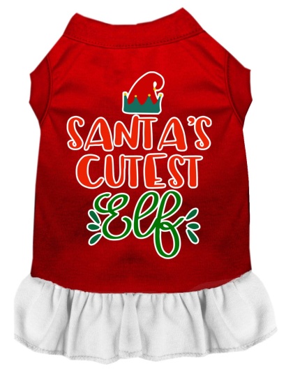 Santa's Cutest Elf Screen Print Dog Dress Red with White Lg