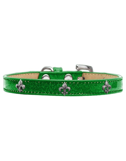 Silver Fleur De Lis Widget Dog Collar Emerald Green Ice Cream Size 10