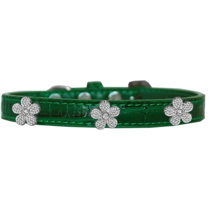 Silver Flower Widget Croc Dog Collar Emerald Green Size 10